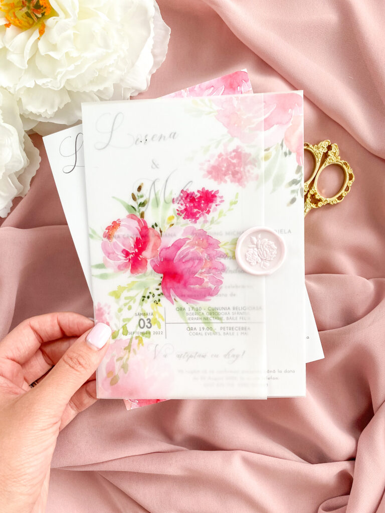 invitatie nunta bujori roz